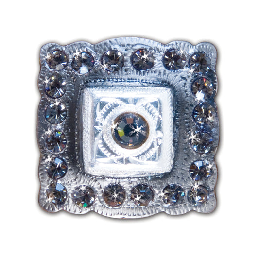 1" #28 Square cut concho in silver and antique silver with zig-zag background and clear crystals (set of 4).