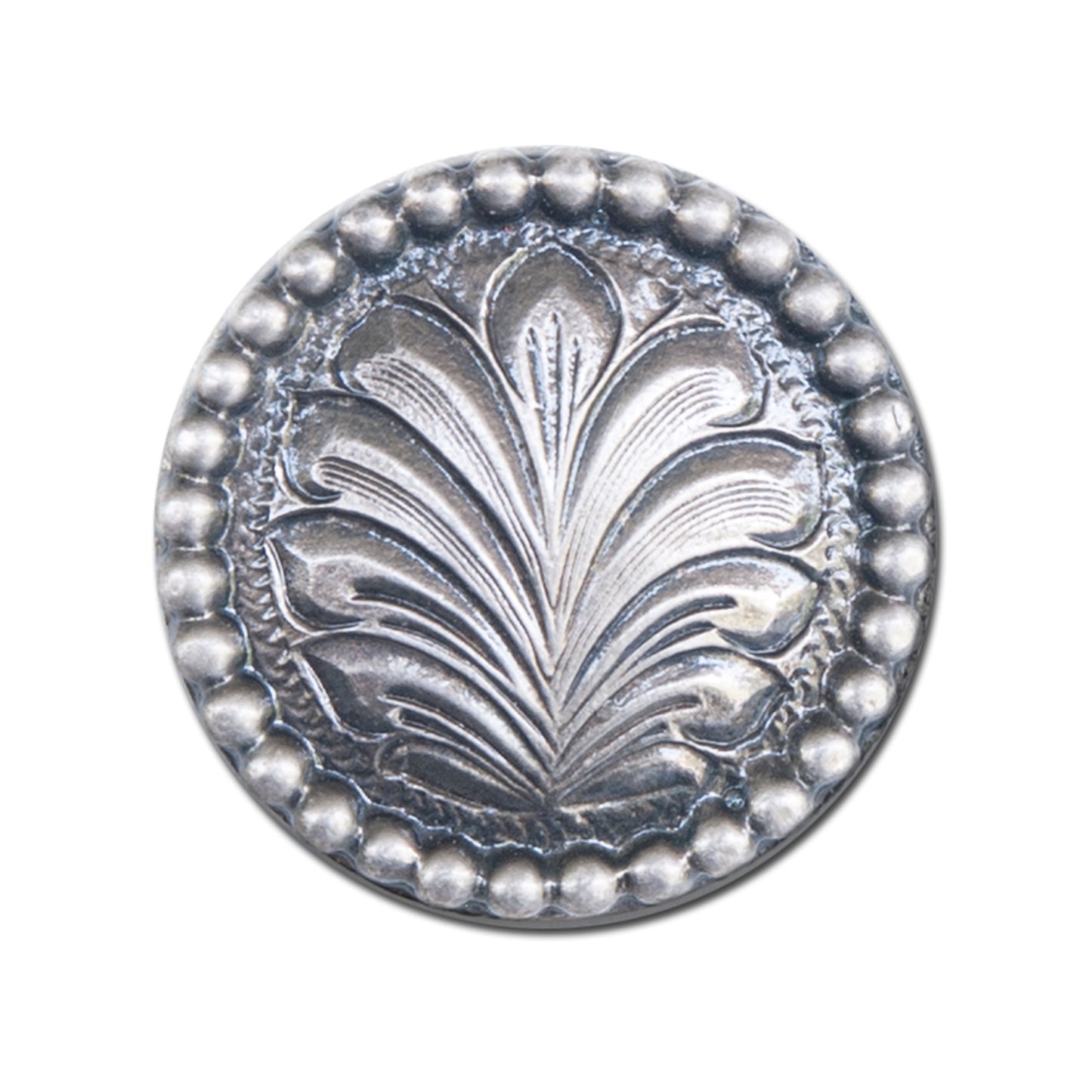 1-1/4" #31 Silver round concho with frost background, leaf swirl, and studs around edge (set of 4).