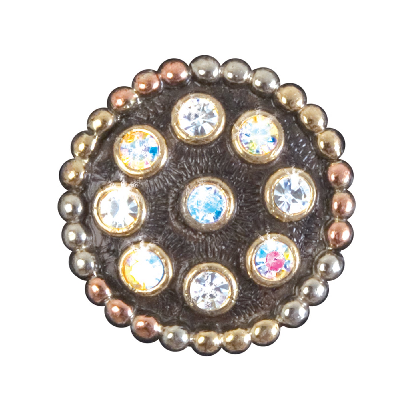 1" 3M Round concho with frost background, prism crystals, and tri color studs around edge (set of 4).