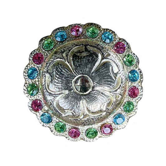 1-1/4" BD Round silver concho with zig-zag and floral center, multicolored crystals around edge (set of 4).