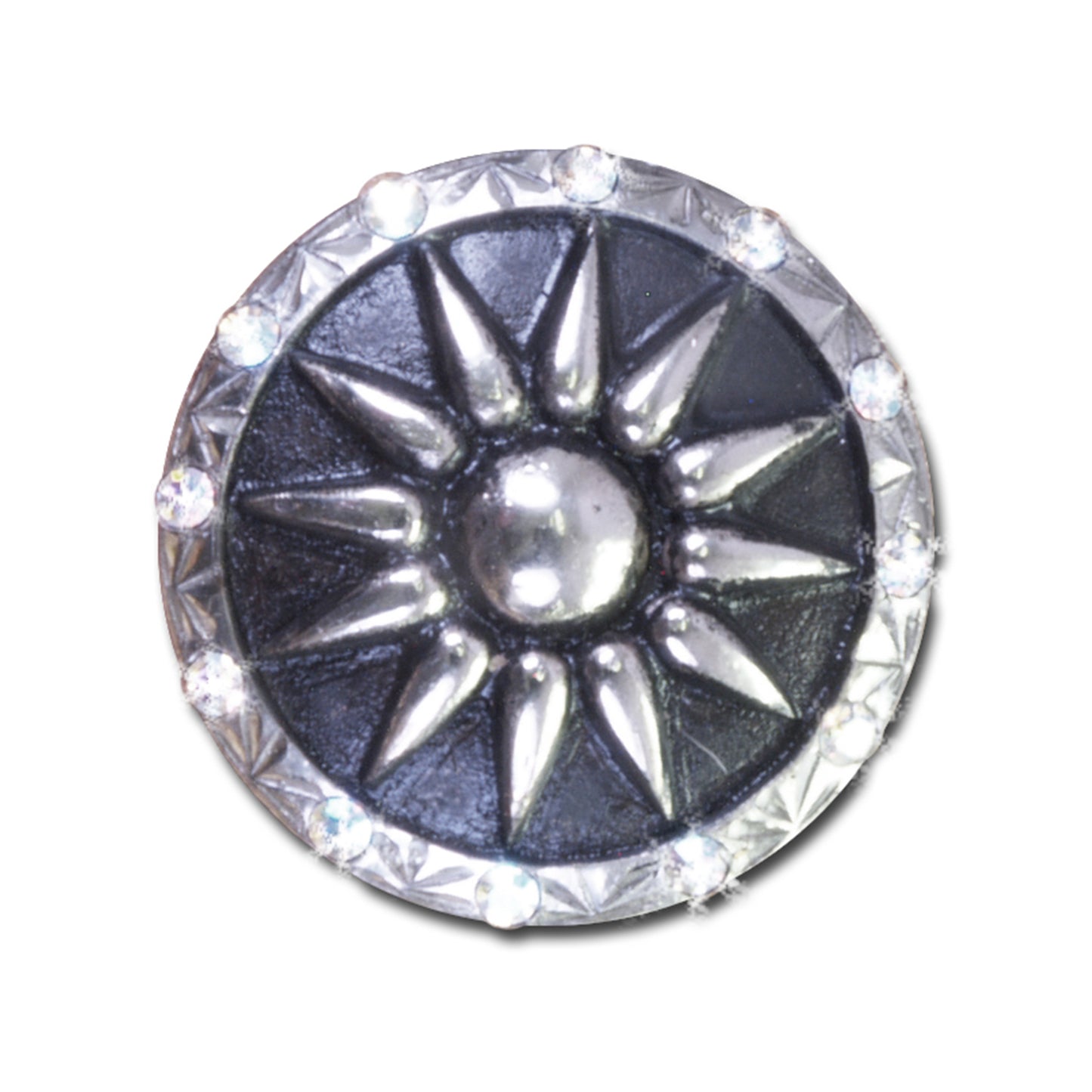 1-1/2" B1 Silver and antique silver round concho with center star, studs, and clear crystals around edge (set of 4).