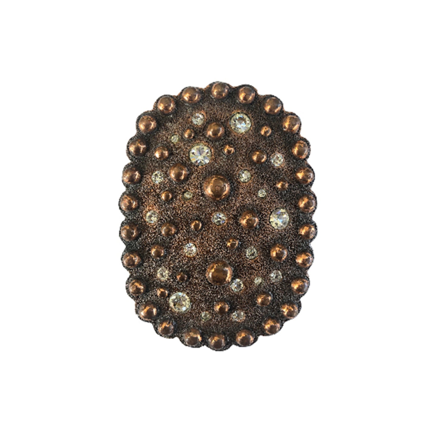 2" x 2-3/4" CI Copper oval concho with frost background, copper spots around edge, and clear crystals and copper spots in center (set of 4).