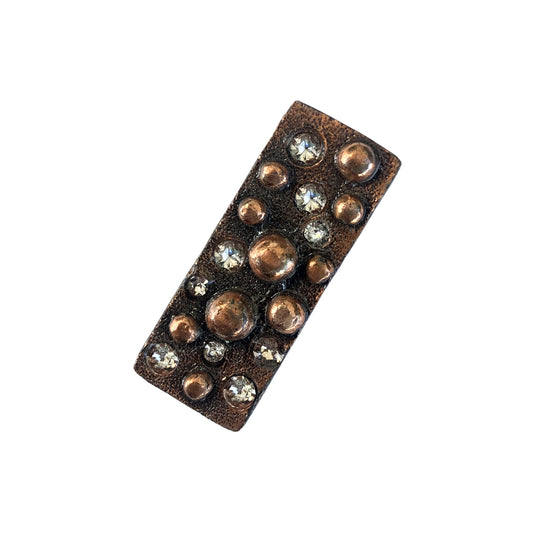 1-1/4" x 1/2" CI Copper bar concho with frost background, copper spots, and clear crystals (set of 4).