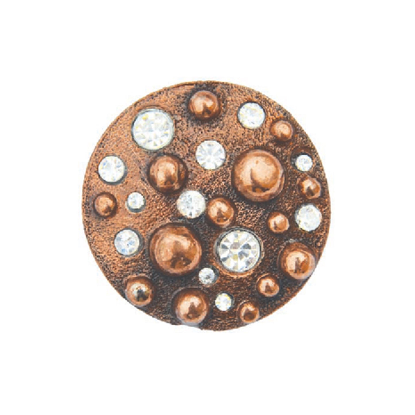 1-1/2" CI Round copper concho with frost background, copper spots, and clear crystals (set of 4).