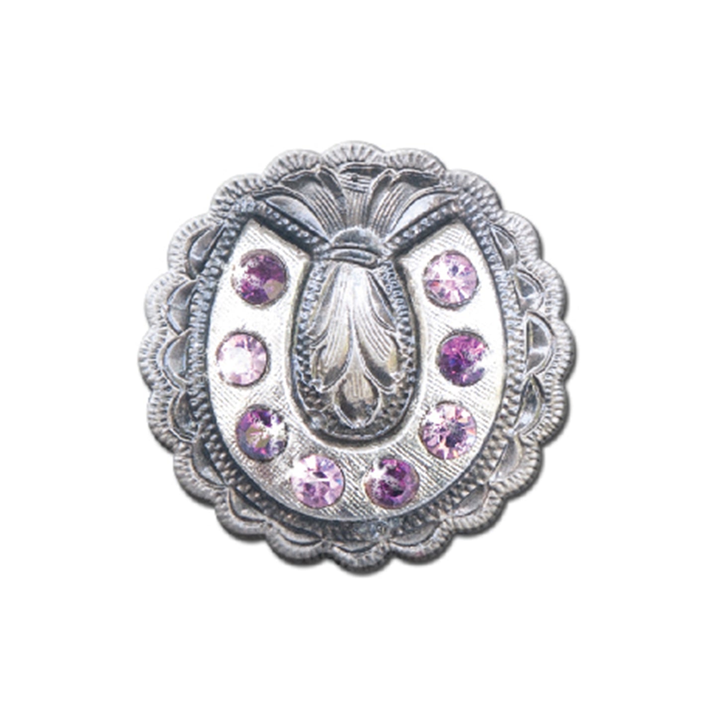 1-1/4" C7 Round shape pewter concho with horseshoe center and color crystals (set of 4).