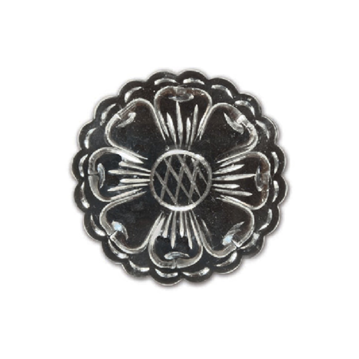 1-1/4" D2 Round black concho with silver lined flower engraved (set of 4).