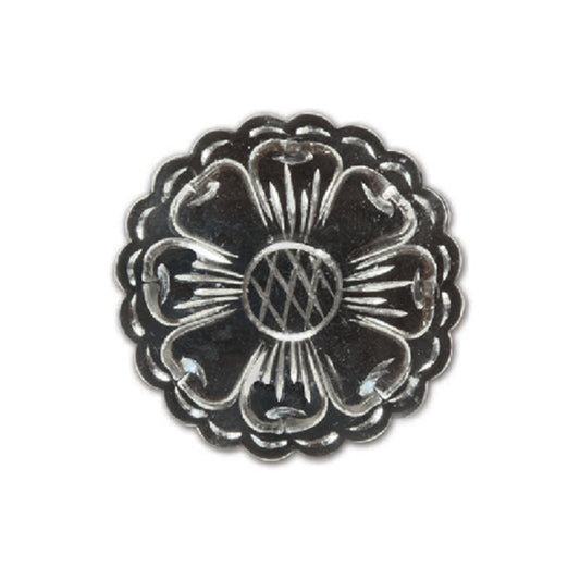 1-1/4" D2 Round black concho with silver lined flower engraved (set of 4).