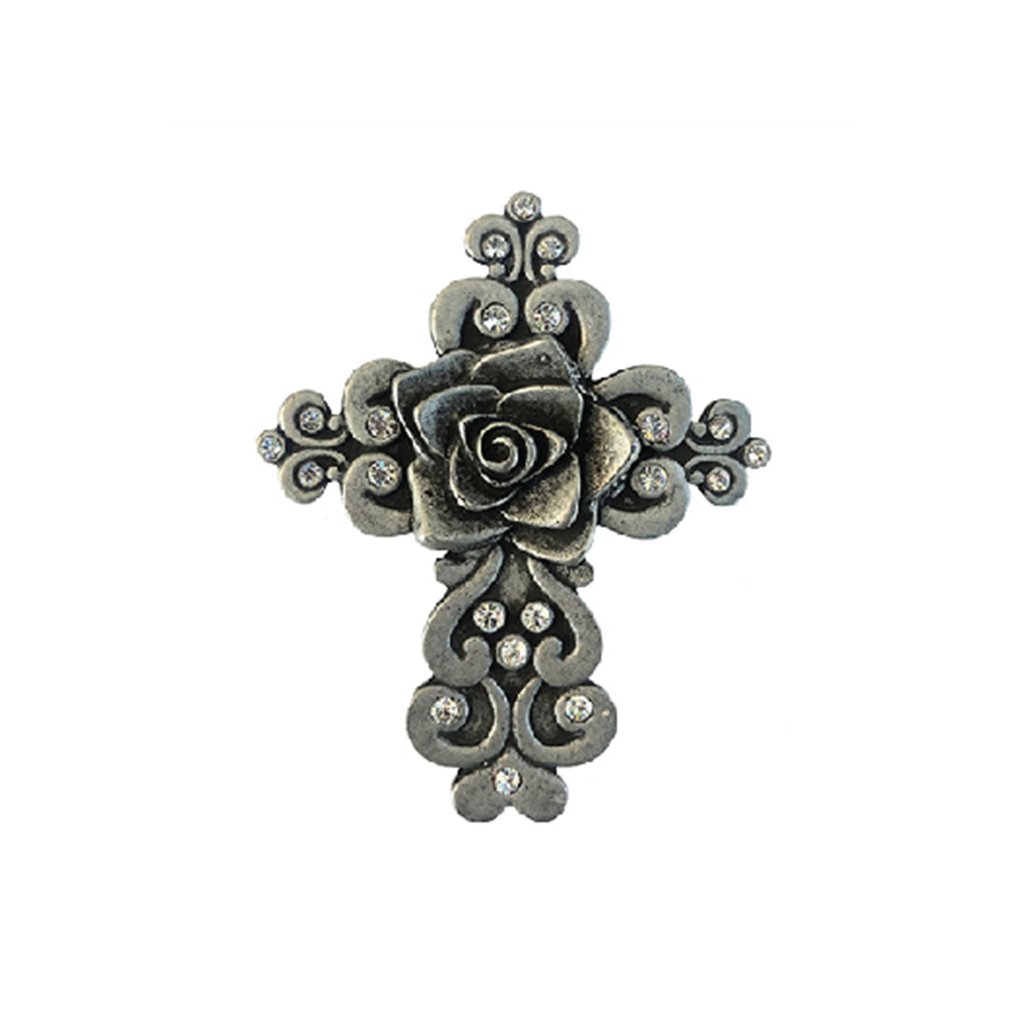 3" x 3-3/4" D5 Cross concho with crystals and a center pewter rose (set of 4).