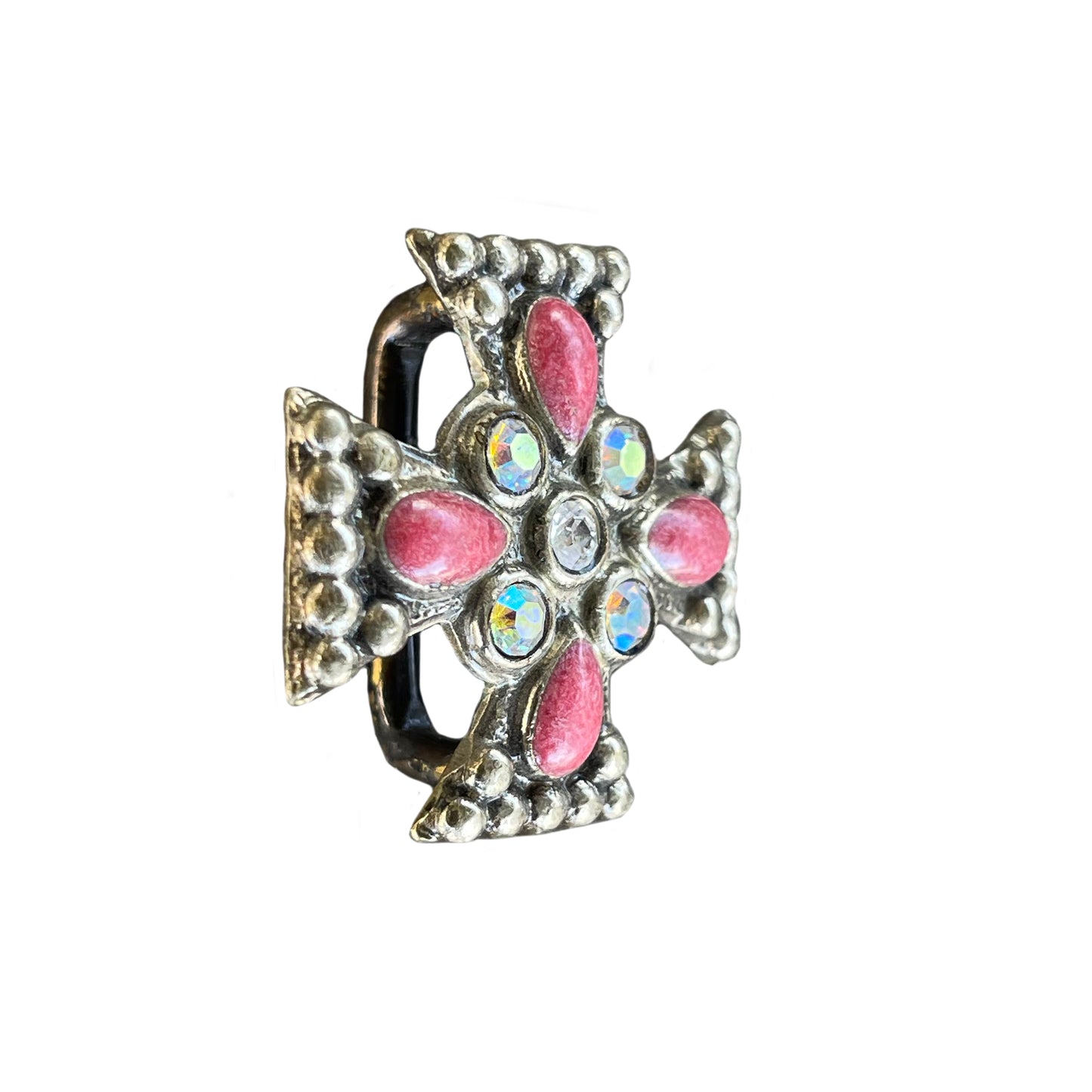 1-1/4" EP Cross concho with red stones, crystals, SS spots around edge, and loop back (set of 4).