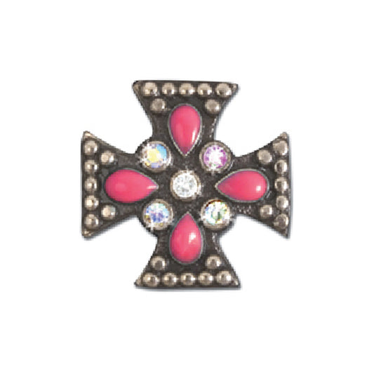 1-1/4" EP Cross concho with red stones, crystals, and SS spots around edge (set of 4).