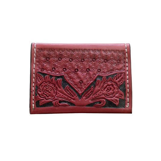 Card holder dirty pink leather rose and snowflake tooling with black background paint.