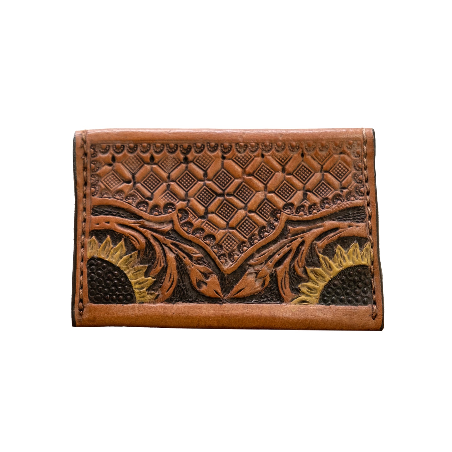 Card holder golden leather sunflower tooling