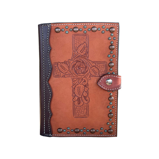 Bible cover rough out toast basket, cross, and wyoming tooling with spots