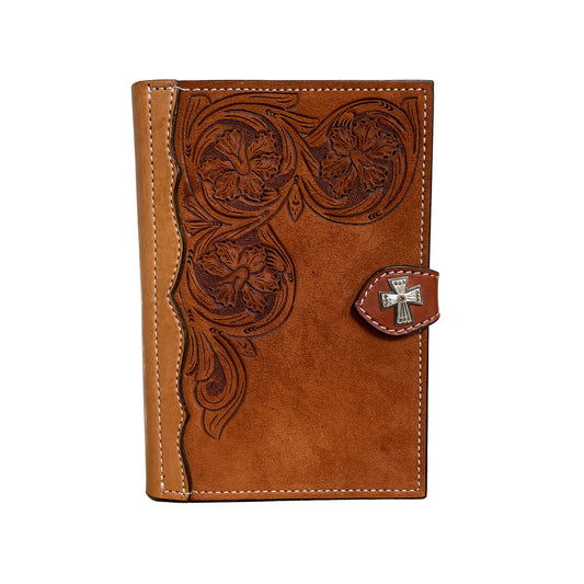 Bible cover rough out toast leather bel flower tooling with a #27 concho.