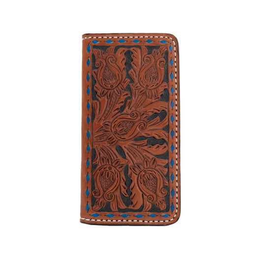 Tall wallet toast leather TTBS tooling with buckstitch and background paint