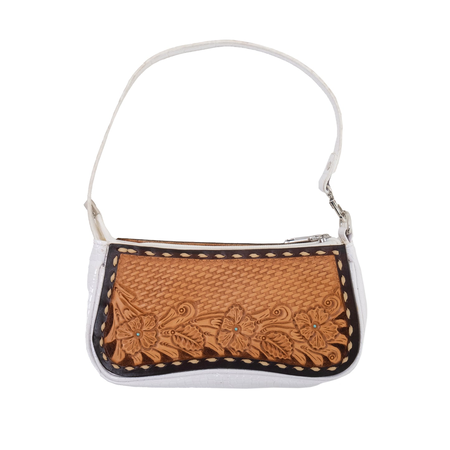 White croc handbag golden leather patch basket and wyoming tooling with buckstitch and paint to the edge