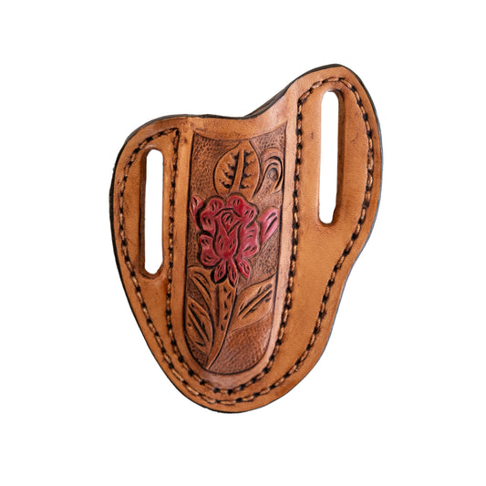 Pancake knife sheath golden leather rose tooling.