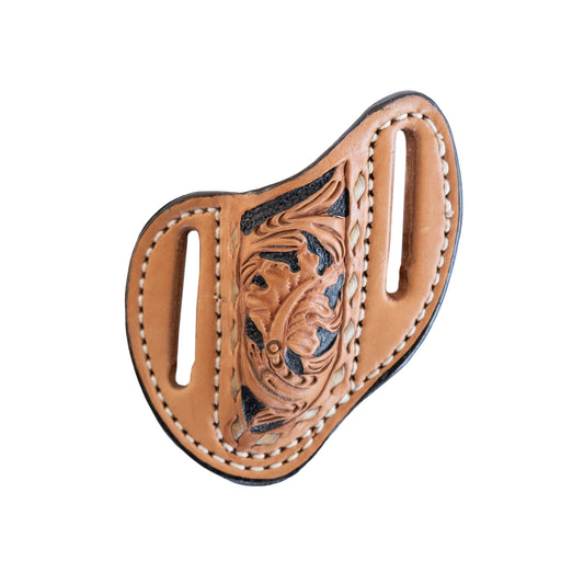 Pancake knife sheath golden leather acorn tooling with black background paint and rawhide buckstitch.