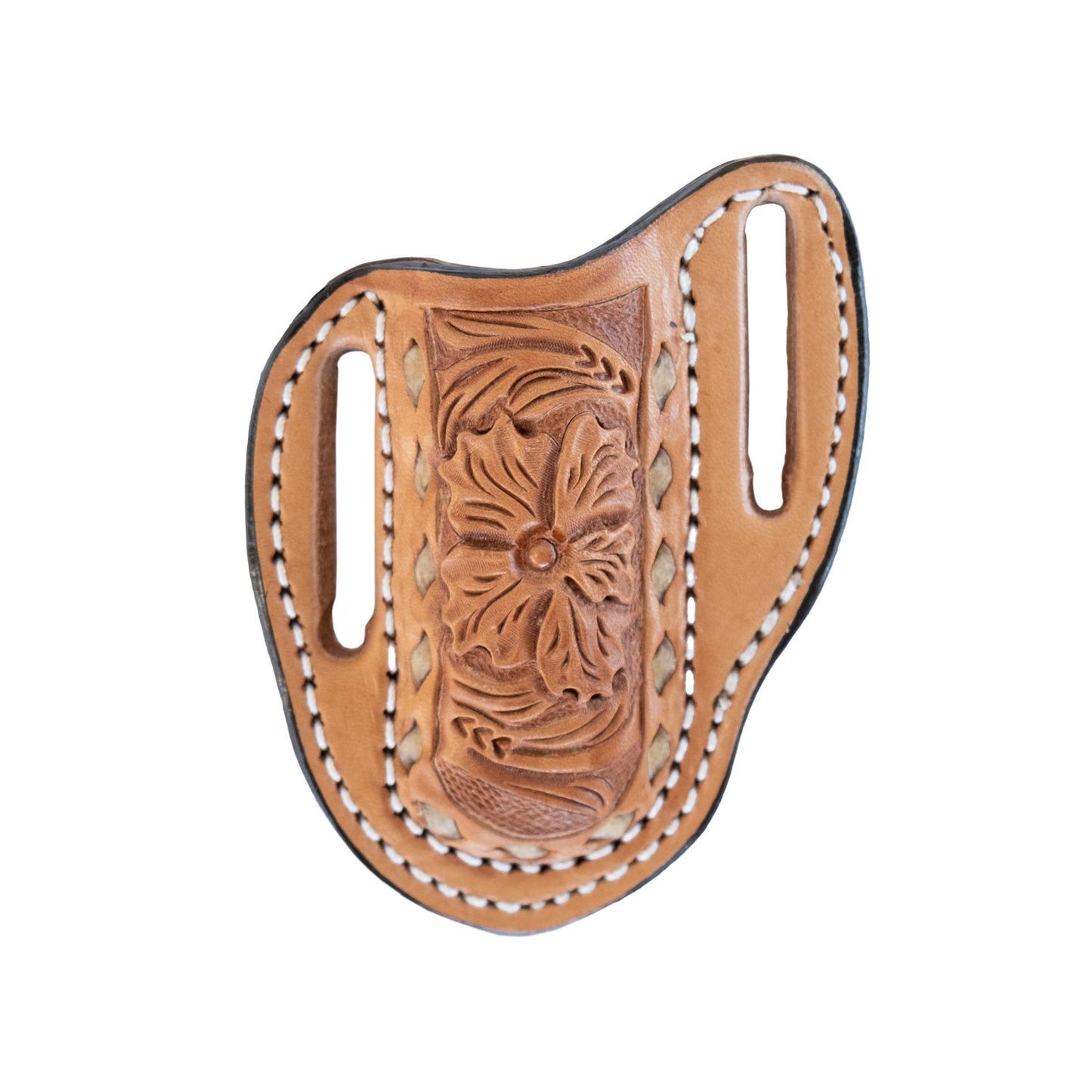 Pancake knife sheath golden leather Wyoming tooling with buckstitch