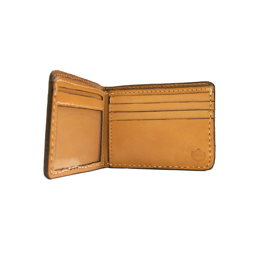 Bi-fold wallet golden leather mini poco oak tooling with buckstitch and paint to the edge
