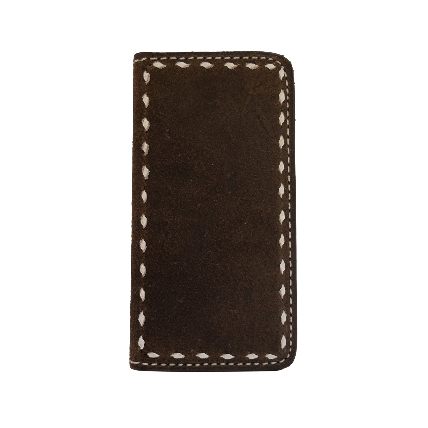 Tall wallet rough out chocolate leather with buckstitch