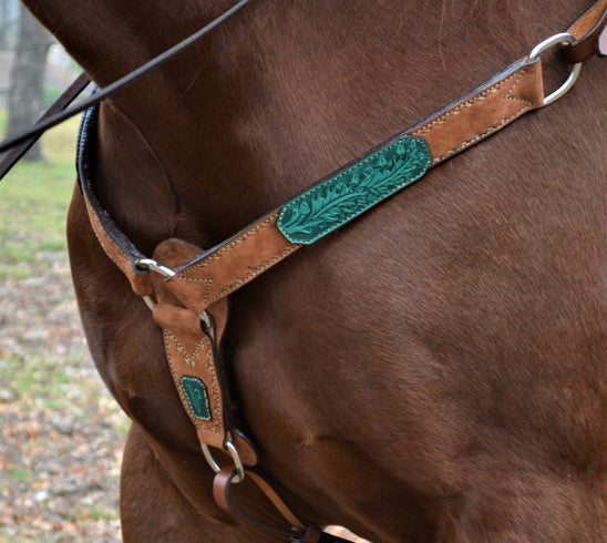 3022-AOT 1-3/4" Contour breast collar rough out chocolate leather with tooled patch and buckstitch