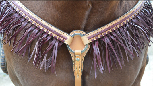 3F14-LC 1" Breast collar golden leather with center latigo braid and fringe