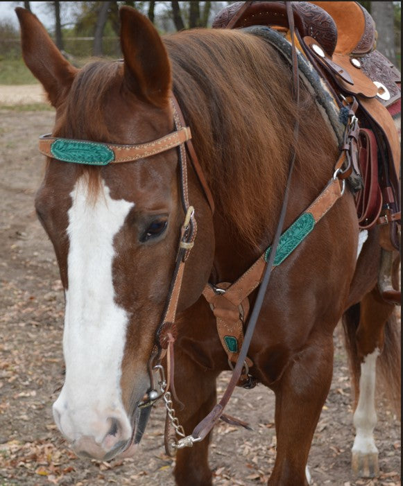3022-AOT 1-3/4" Contour breast collar rough out chocolate leather with tooled patch and buckstitch