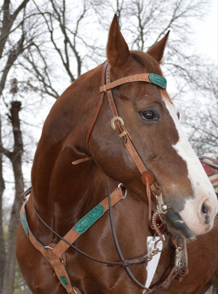 3022-AOT 1-3/4" Contour breast collar rough out chocolate leather with tooled patch and buckstitch
