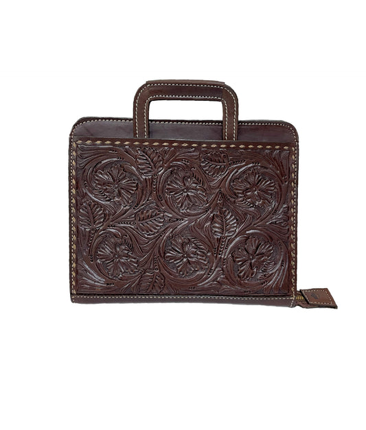 Cowboy Briefcase chocolate leather wild rose tooling with buckstitch