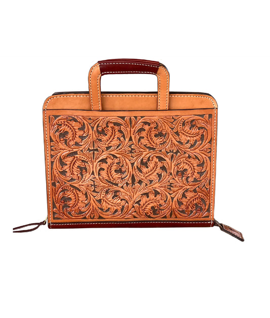 Cowboy Briefcase golden and toast leather oak leaf tooling with background paint