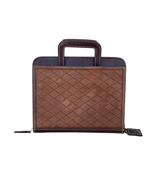 Cowboy Briefcase rough out chocolate leather crosscut tooling.