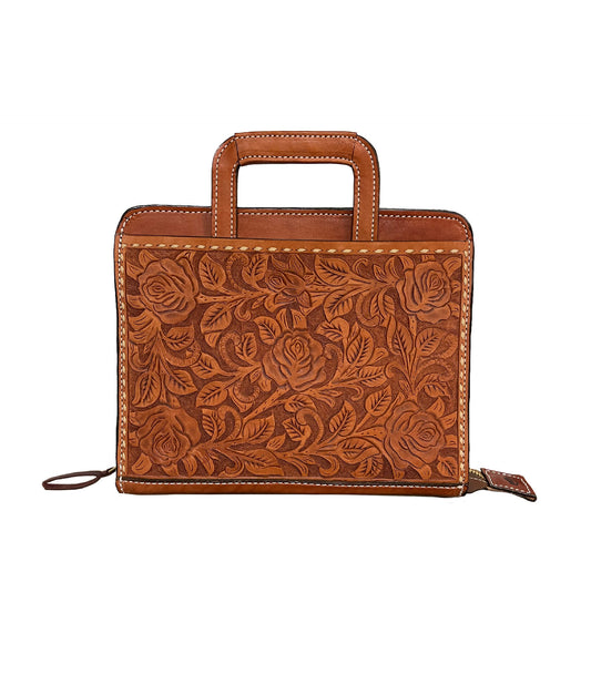 Cowboy Briefcase rough out toast leather rose tooling with buckstitch