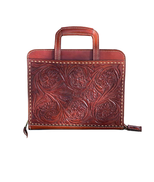 Cowboy Briefcase toast leather wild rose tooling with buckstitch