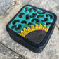 Mini black jewelry box with cheetah and sunflower with turquoise leather