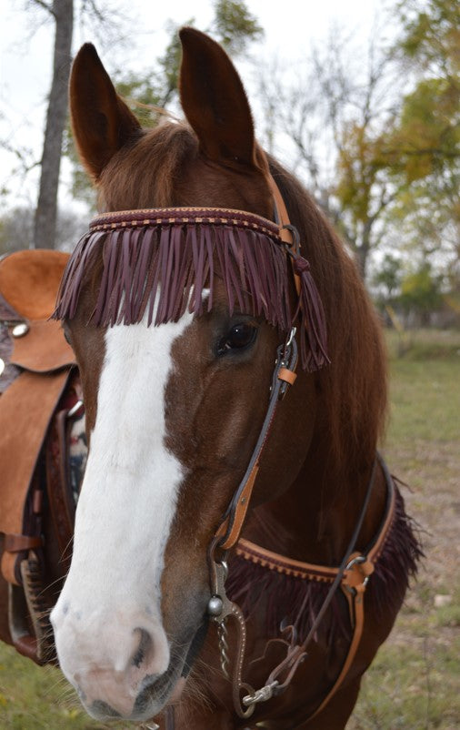 2F15-LC 3/4" Straight browband headstall golden leather with latigo braiding, fringe, and tassels