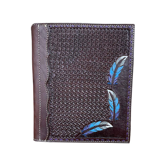Large portfolio chocolate leather pinwheel and feather tooling with buckstitch
