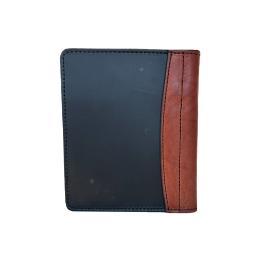 Mini portfolio black and toast leather waffle tooling back.
