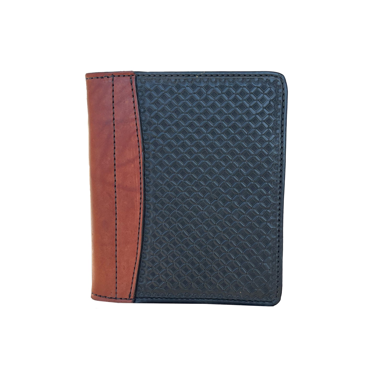 Mini portfolio black and toast leather waffle tooling.