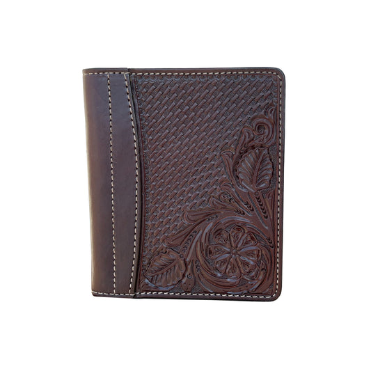 Mini portfolio chocolate leather basket and daisy tooling