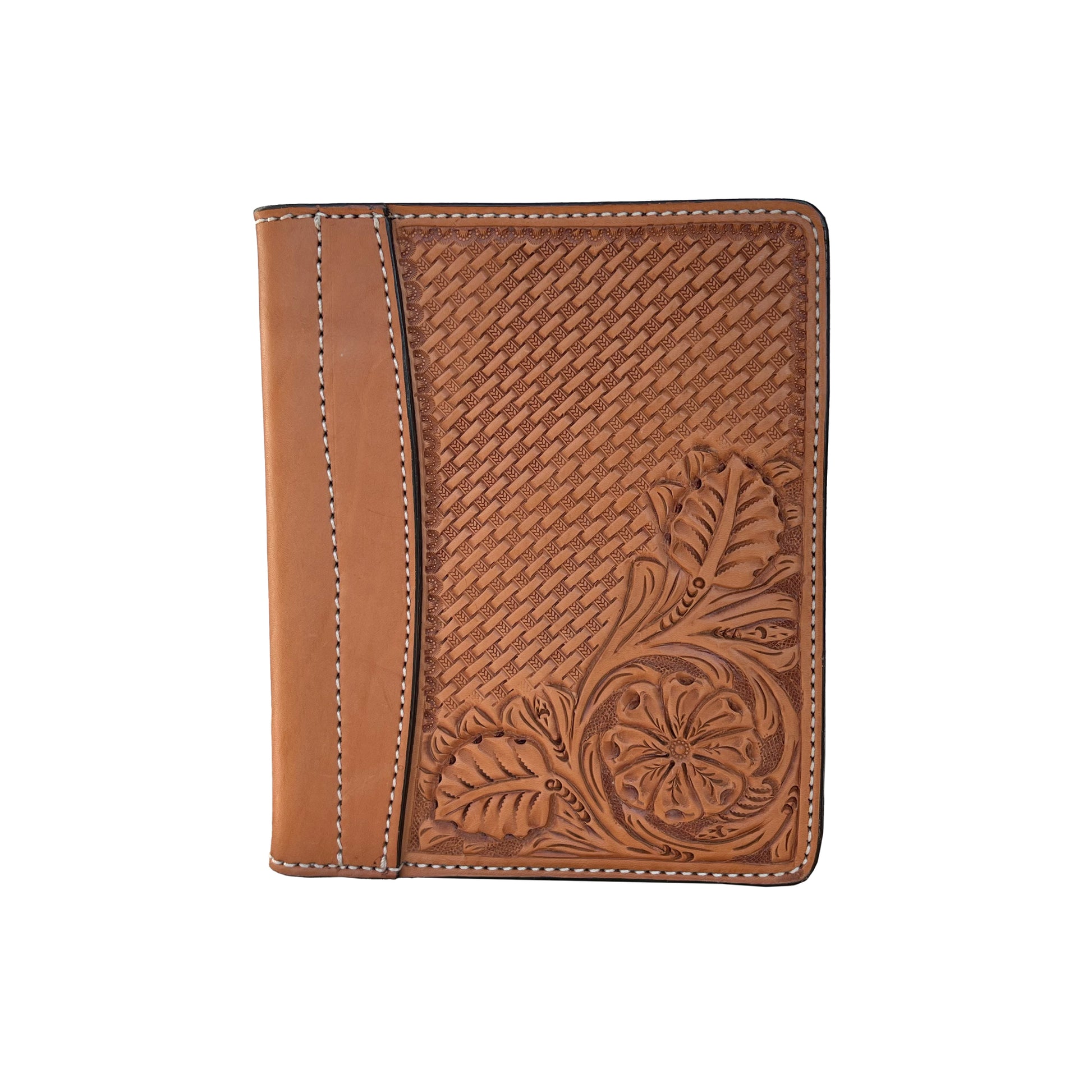 Mini portfolio golden leather basket and daisy tooling.