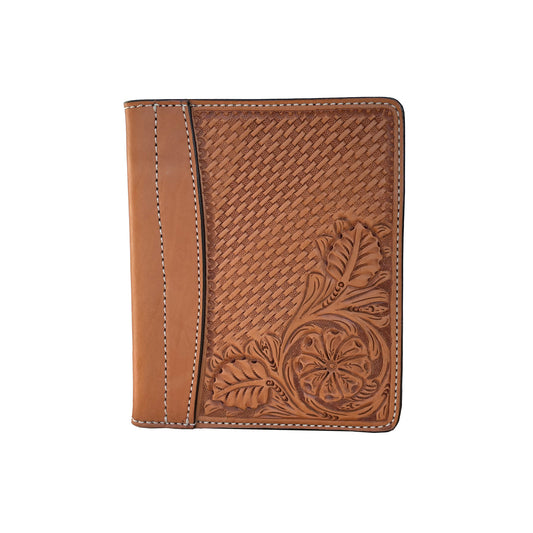 Mini portfolio golden leather basket and daisy tooling.