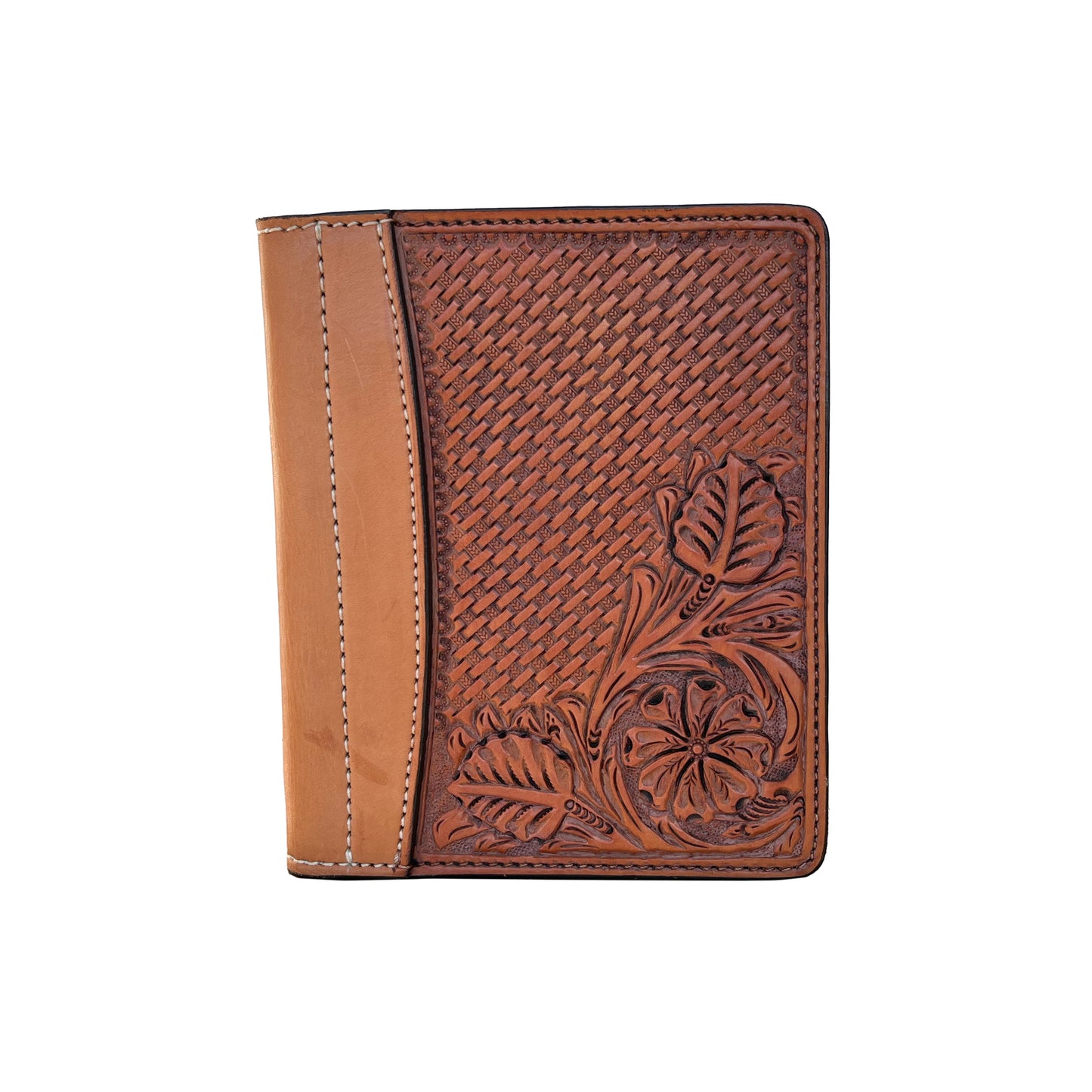 Mini portfolio golden leather basket and daisy tooling