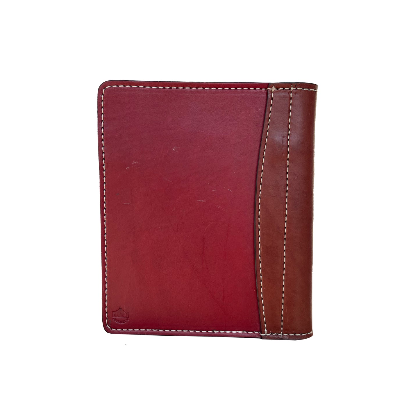 Mini portfolio pink leather arrow tooling back.