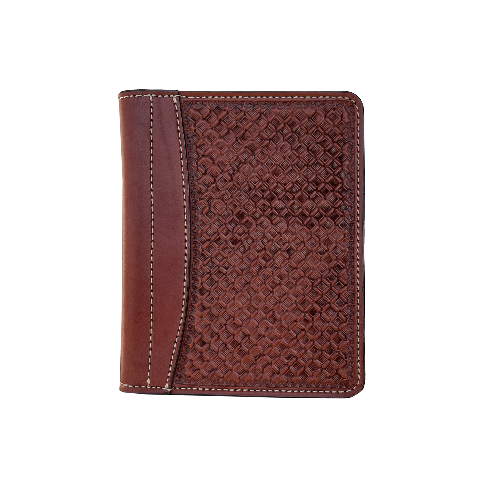 Mini portfolio toast leather waffle tooled.