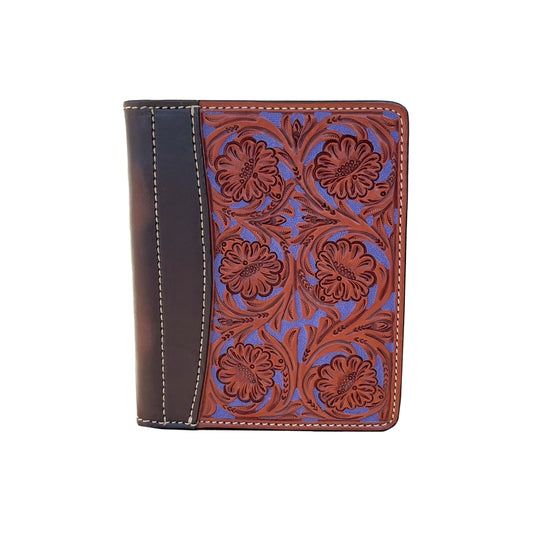 Mini portfolio toast and chocolate leather floral tooled with background paint