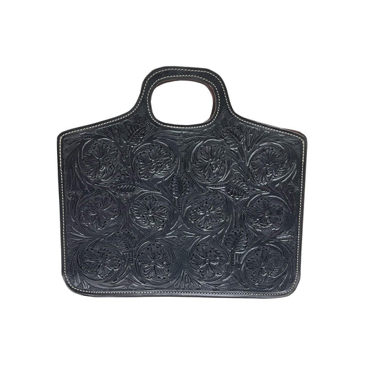 Traveling Cowboy black leather wild rose tooling.