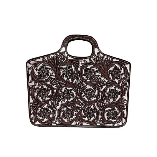 Traveling Cowboy rough out chocolate leather floral tooling with ivory rustic background paint.