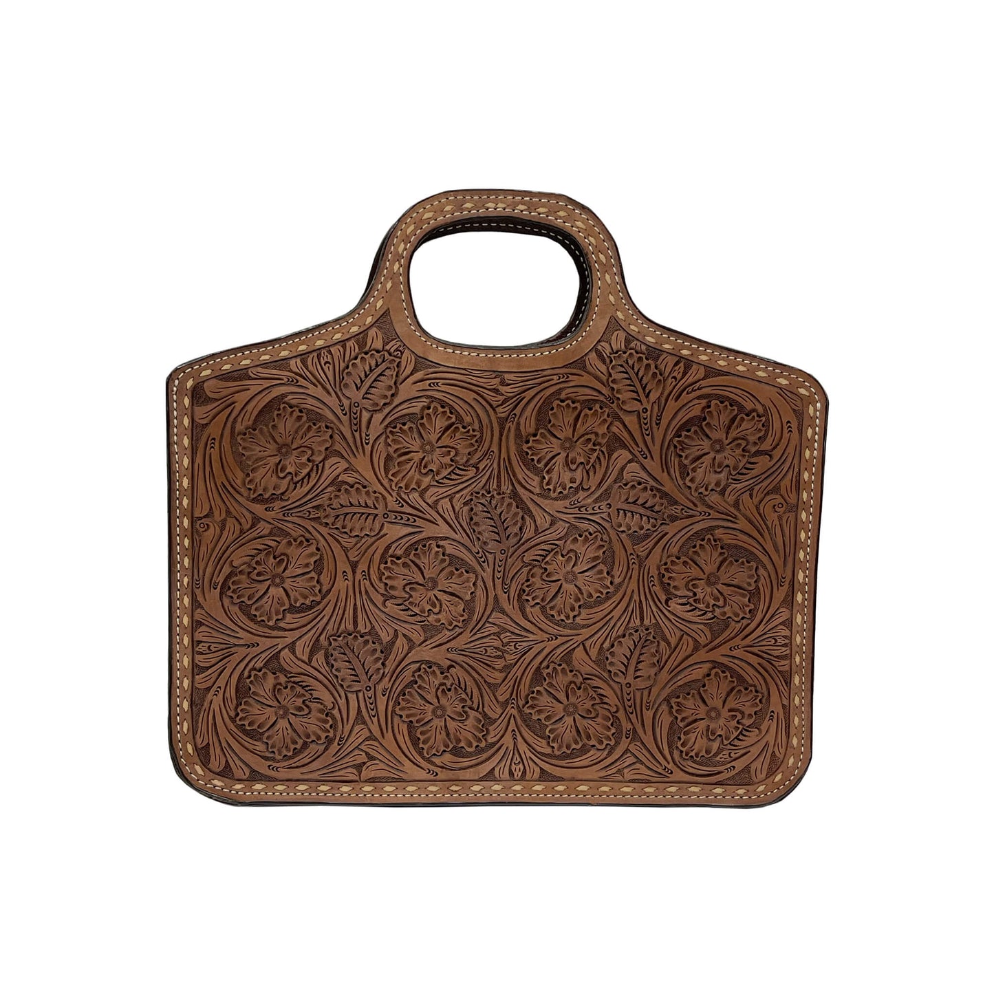 Traveling Cowboy rough out chocolate leather wild rose tooling with cream buckstitch.