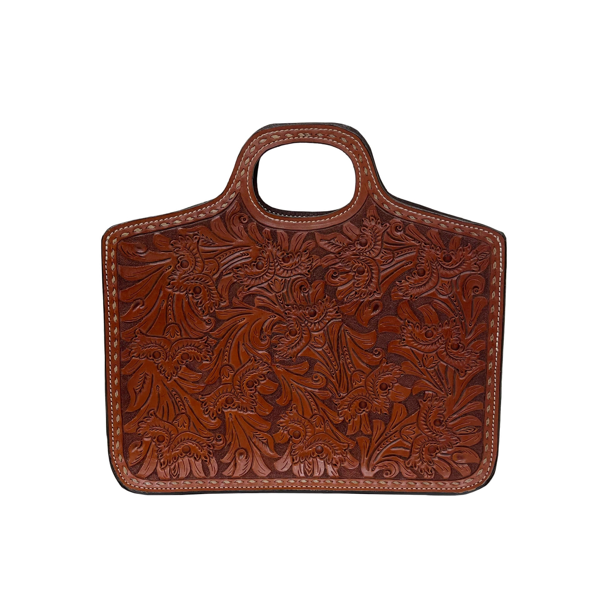 Traveling Cowboy toast leather colonial tooling with rawhide buckstitch.